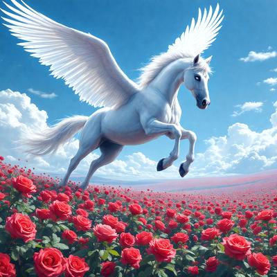 Primary subject: A white horse with wings flying through a field of red flowers.

Setting/background: The horse is flying through a field of red flowers, which are scattered throughout the scene.

Visual style: The image is a digital art illustration featuring a white horse with wings and a field of red flowers.

Colors and mood: The dominant colors in the image are red and white, with the red flowers creating a vibrant and lively atmosphere.